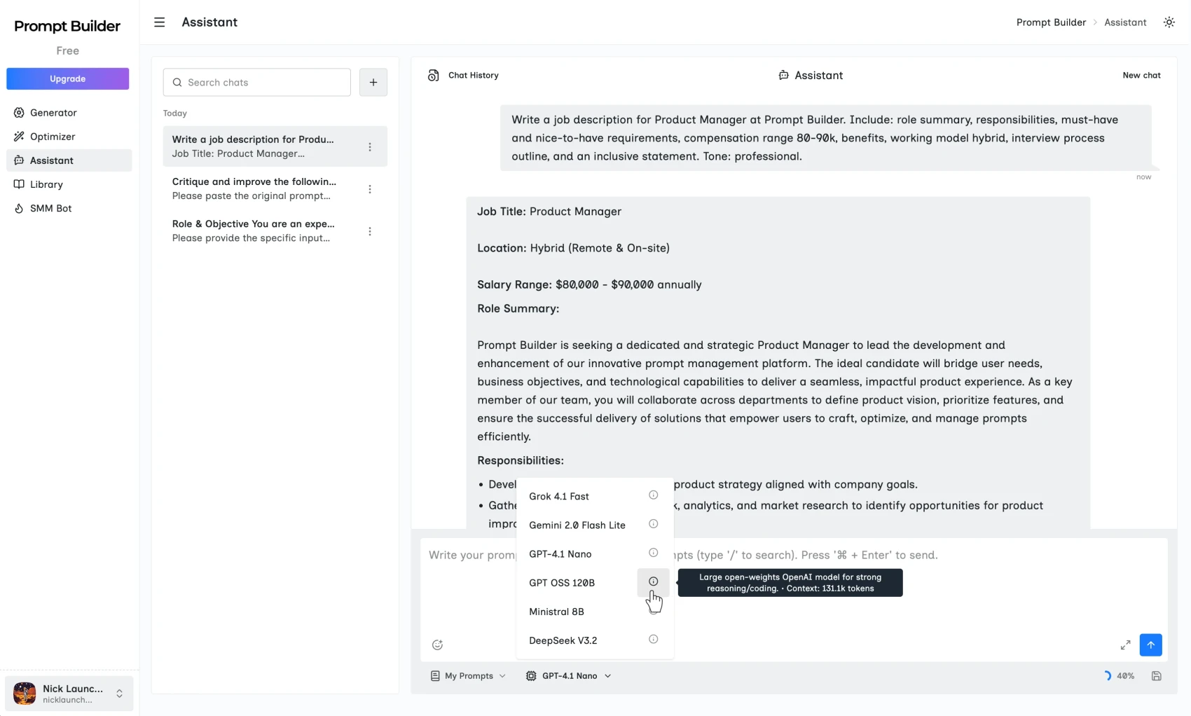 Prompt Assistant chat to test prompts with Grok, Gemini, GPT, and DeepSeek
